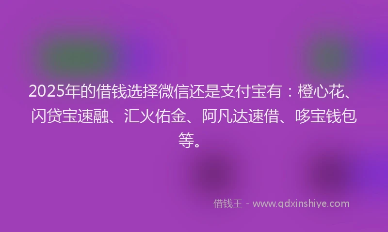 2025年的借钱选择微信还是支付宝有：橙心花、闪贷宝速融、汇火佑金、阿凡达速借、哆宝钱包等。