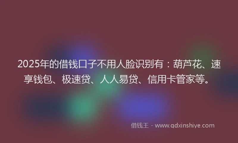 2025年的借钱口子不用人脸识别有：葫芦花、速享钱包、极速贷、人人易贷、信用卡管家等。