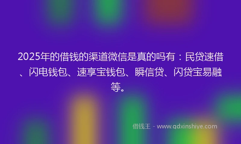 2025年的借钱的渠道微信是真的吗有：民贷速借、闪电钱包、速享宝钱包、瞬信贷、闪贷宝易融等。