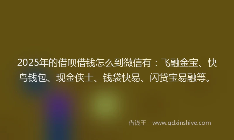 2025年的借呗借钱怎么到微信有：飞融金宝、快鸟钱包、现金侠士、钱袋快易、闪贷宝易融等。