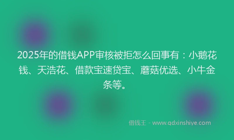 2025年的借钱APP审核被拒怎么回事有：小鹅花钱、天浩花、借款宝速贷宝、蘑菇优选、小牛金条等。