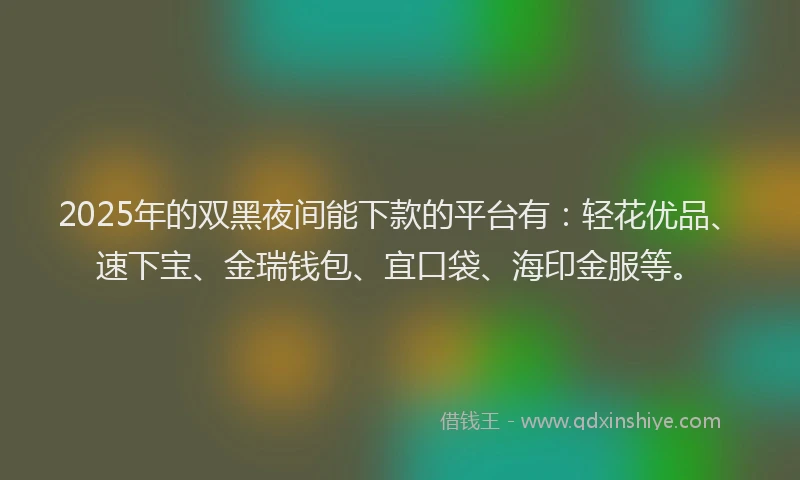 2025年的双黑夜间能下款的平台有：轻花优品、速下宝、金瑞钱包、宜口袋、海印金服等。