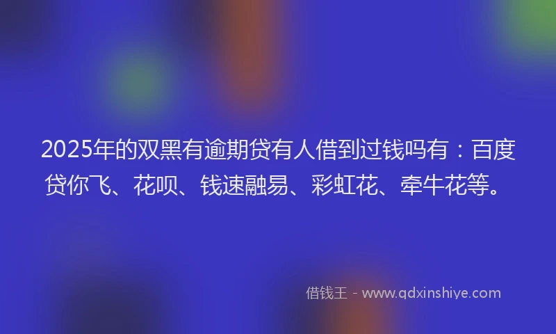 2025年的双黑有逾期贷有人借到过钱吗有：百度贷你飞、花呗、钱速融易、彩虹花、牵牛花等。