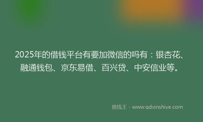2025年的借钱平台有要加微信的吗有：银杏花、融通钱包、京东易借、百兴贷、中安信业等。