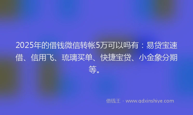2025年的借钱微信转帐5万可以吗有：易贷宝速借、信用飞、琉璃买单、快捷宝贷、小金象分期等。