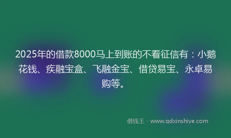 2025年的借款8000马上到账的不看征信有：小鹅花钱、疾融宝盒、飞融金宝、借贷易宝、永卓易购等。