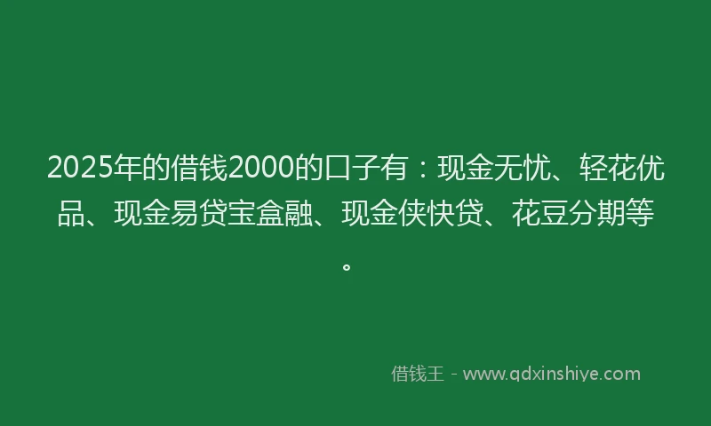 2025年的借钱2000的口子有：现金无忧、轻花优品、现金易贷宝盒融、现金侠快贷、花豆分期等。