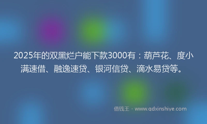 2025年的双黑烂户能下款3000有：葫芦花、度小满速借、融逸速贷、银河信贷、滴水易贷等。