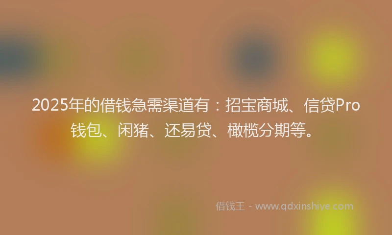 2025年的借钱急需渠道有：招宝商城、信贷Pro钱包、闲猪、还易贷、橄榄分期等。