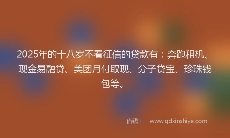 2025年的十八岁不看征信的贷款有：奔跑租机、现金易融贷、美团月付取现、分子贷宝、珍珠钱包等。