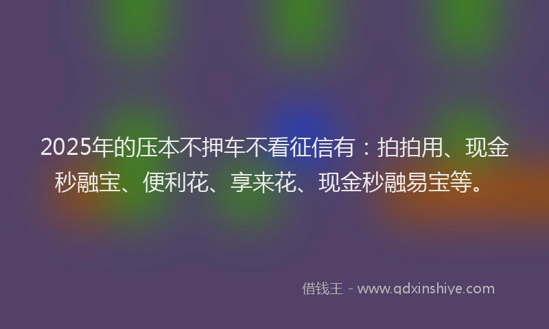 2025年的压本不押车不看征信有：拍拍用、现金秒融宝、便利花、享来花、现金秒融易宝等。