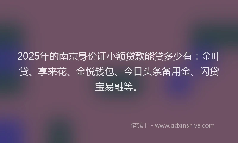 2025年的南京身份证小额贷款能贷多少有：金叶贷、享来花、金悦钱包、今日头条备用金、闪贷宝易融等。
