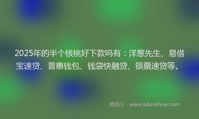 2025年的半个核桃好下款吗有：洋葱先生、易借宝速贷、普惠钱包、钱袋快融贷、银票速贷等。