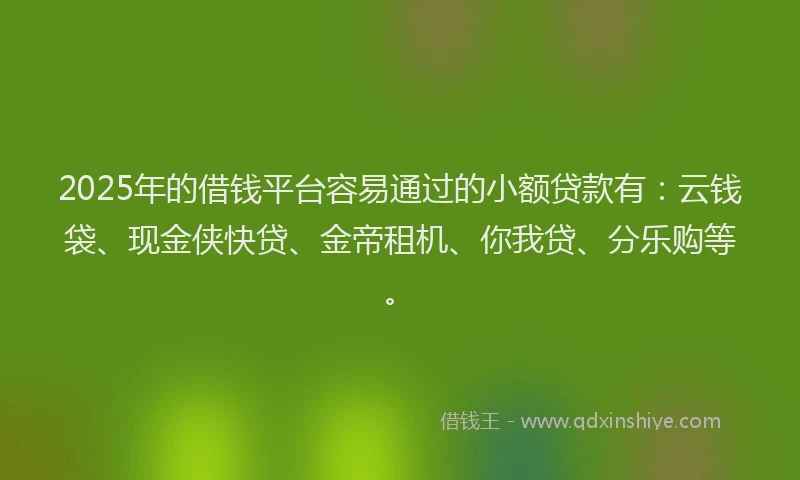 2025年的借钱平台容易通过的小额贷款有：云钱袋、现金侠快贷、金帝租机、你我贷、分乐购等。