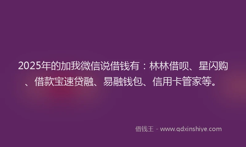 2025年的加我微信说借钱有：林林借呗、星闪购、借款宝速贷融、易融钱包、信用卡管家等。