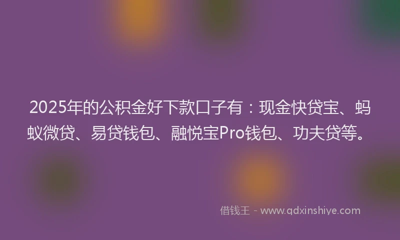 2025年的公积金好下款口子有:现金快贷宝、蚂蚁微贷、易贷钱包、融悦宝Pro钱包、功夫贷等。