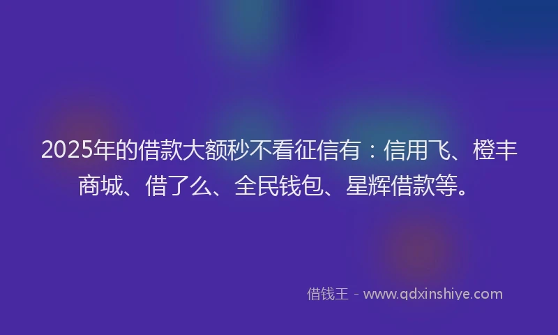 2025年的借款大额秒不看征信有：信用飞、橙丰商城、借了么、全民钱包、星辉借款等。