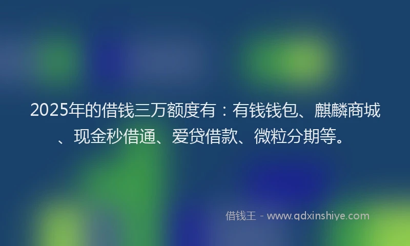 2025年的借钱三万额度有：有钱钱包、麒麟商城、现金秒借通、爱贷借款、微粒分期等。