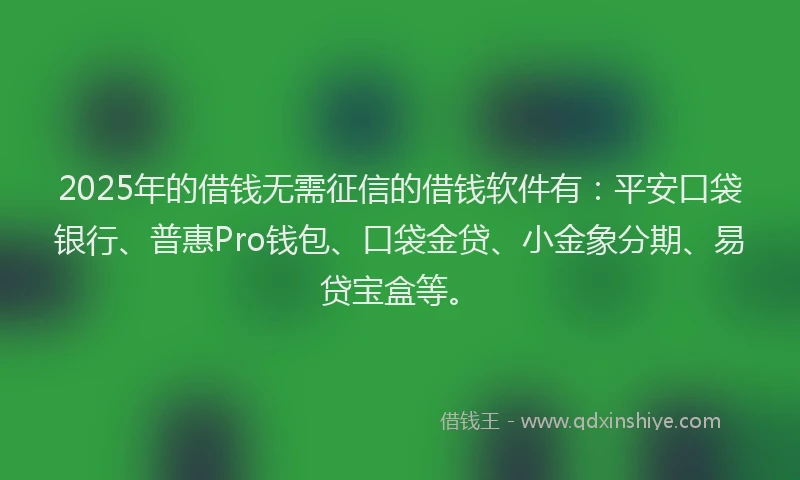 2025年的借钱无需征信的借钱软件有：平安口袋银行、普惠Pro钱包、口袋金贷、小金象分期、易贷宝盒等。