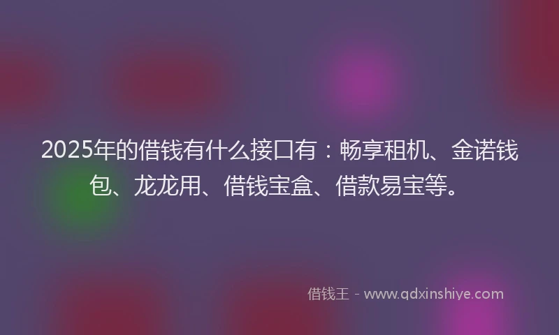 2025年的借钱有什么接口有：畅享租机、金诺钱包、龙龙用、借钱宝盒、借款易宝等。