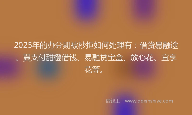 2025年的办分期被秒拒如何处理有：借贷易融途、翼支付甜橙借钱、易融贷宝盒、放心花、宜享花等。