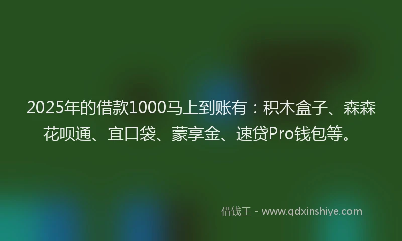 2025年的借款1000马上到账有：积木盒子、森森花呗通、宜口袋、蒙享金、速贷Pro钱包等。