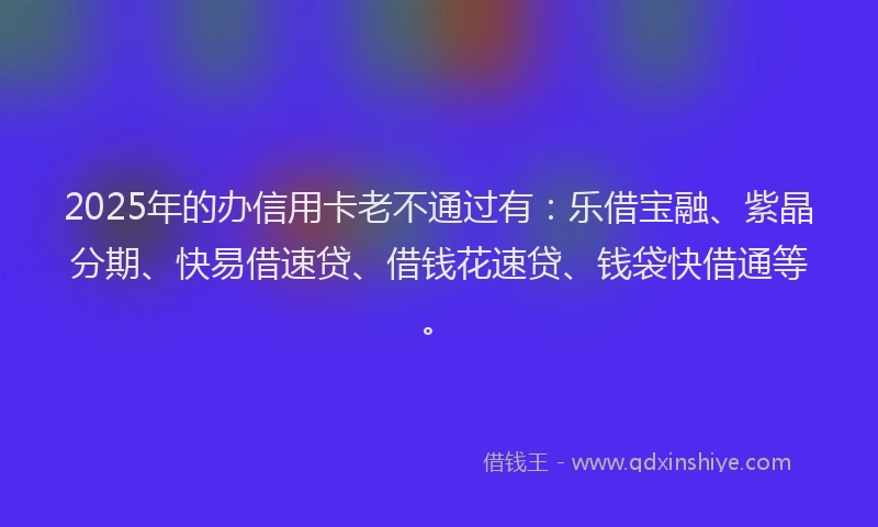 2025年的办信用卡老不通过有：乐借宝融、紫晶分期、快易借速贷、借钱花速贷、钱袋快借通等。