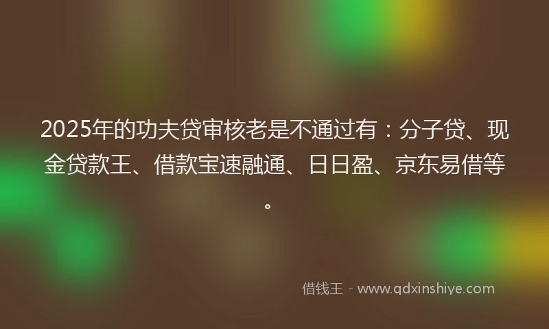 2025年的功夫贷审核老是不通过有：分子贷、现金贷款王、借款宝速融通、日日盈、京东易借等。