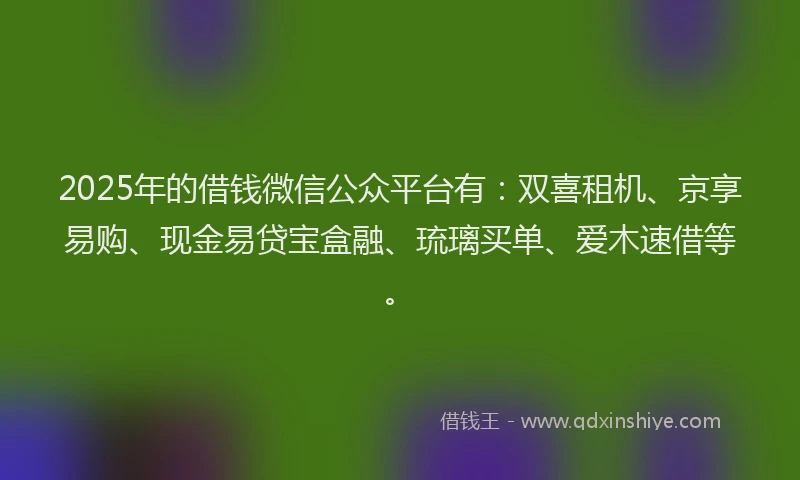 2025年的借钱微信公众平台有：双喜租机、京享易购、现金易贷宝盒融、琉璃买单、爱木速借等。