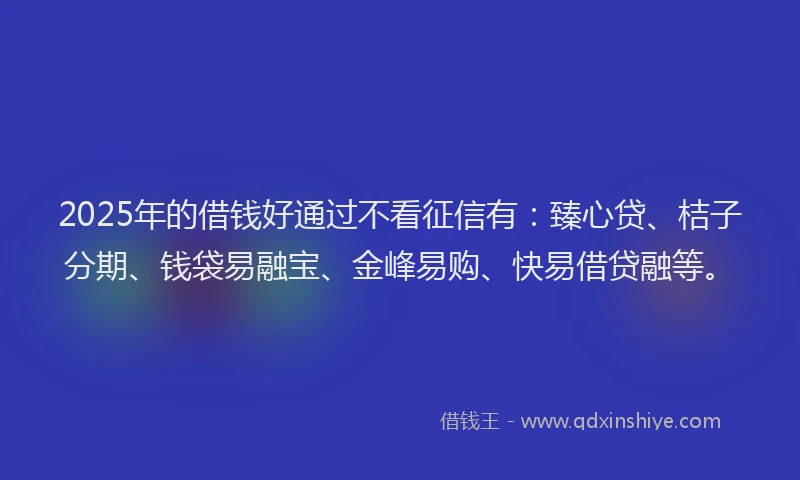 2025年的借钱好通过不看征信有：臻心贷、桔子分期、钱袋易融宝、金峰易购、快易借贷融等。