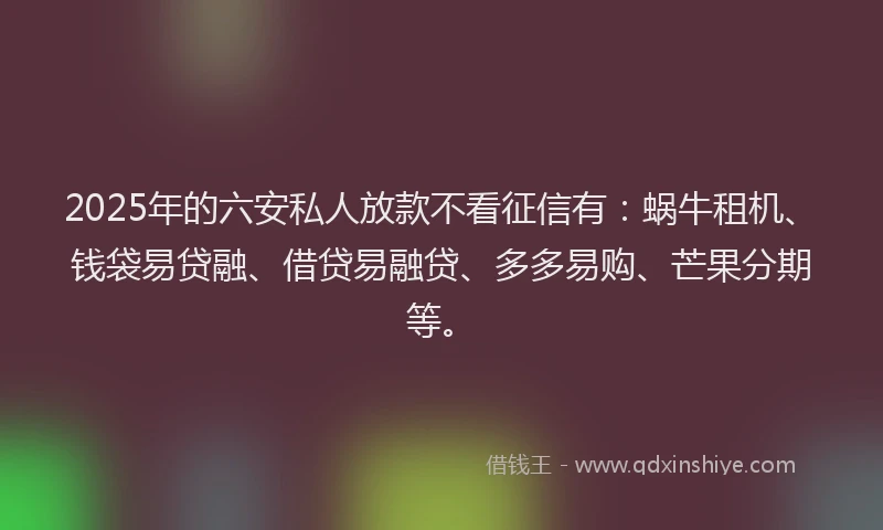 2025年的六安私人放款不看征信有：蜗牛租机、钱袋易贷融、借贷易融贷、多多易购、芒果分期等。