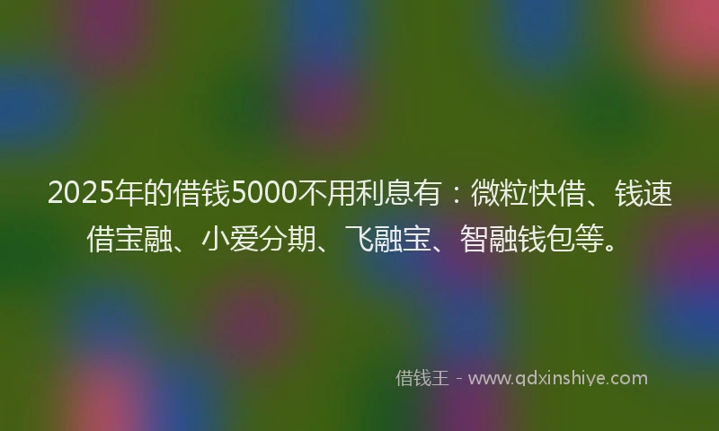 2025年的借钱5000不用利息有：微粒快借、钱速借宝融、小爱分期、飞融宝、智融钱包等。