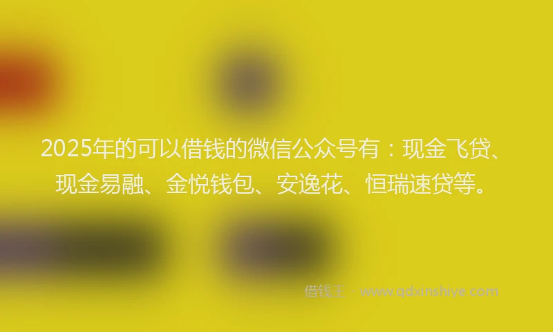 2025年的可以借钱的微信公众号有：现金飞贷、现金易融、金悦钱包、安逸花、恒瑞速贷等。