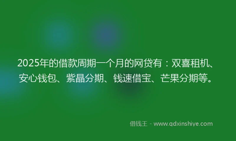 2025年的借款周期一个月的网贷有：双喜租机、安心钱包、紫晶分期、钱速借宝、芒果分期等。