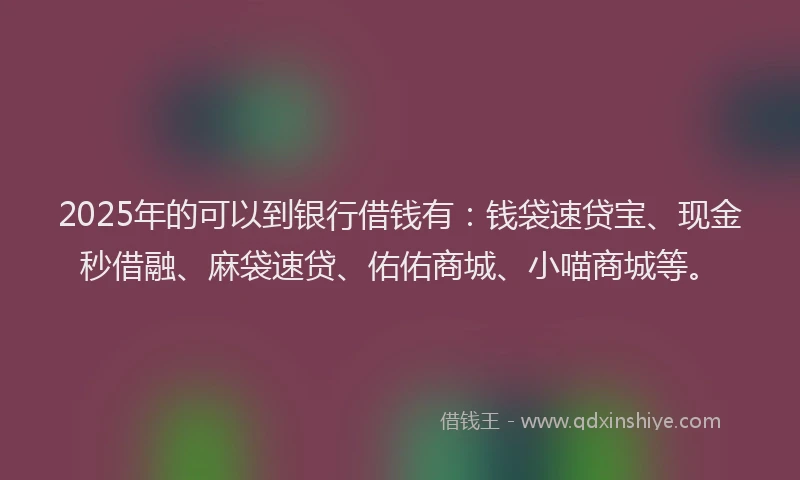 2025年的可以到银行借钱有：钱袋速贷宝、现金秒借融、麻袋速贷、佑佑商城、小喵商城等。