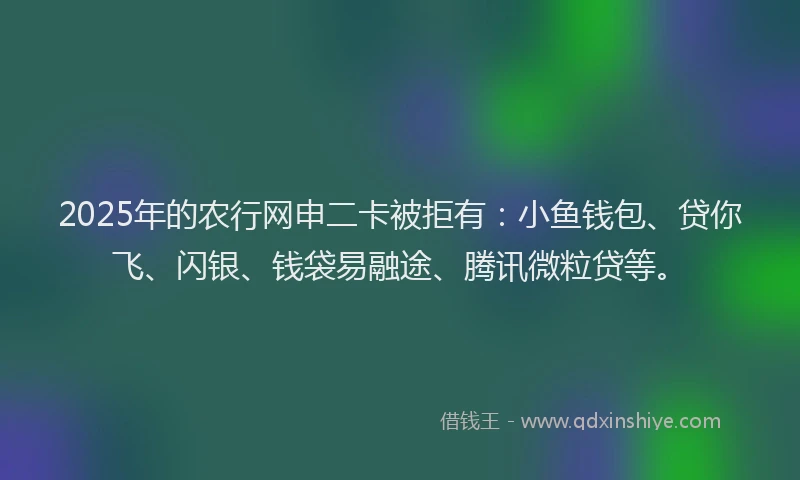 2025年的农行网申二卡被拒有：小鱼钱包、贷你飞、闪银、钱袋易融途、腾讯微粒贷等。