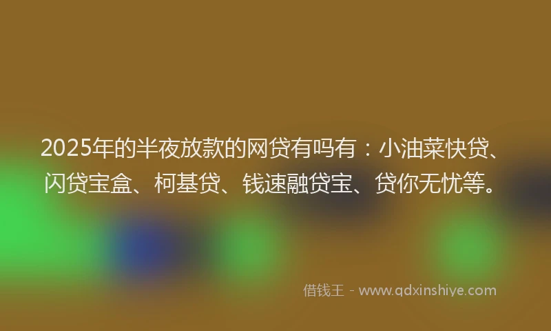 2025年的半夜放款的网贷有吗有：小油菜快贷、闪贷宝盒、柯基贷、钱速融贷宝、贷你无忧等。