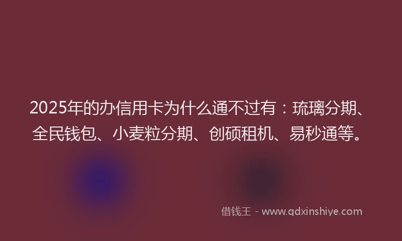 2025年的办信用卡为什么通不过有：琉璃分期、全民钱包、小麦粒分期、创硕租机、易秒通等。