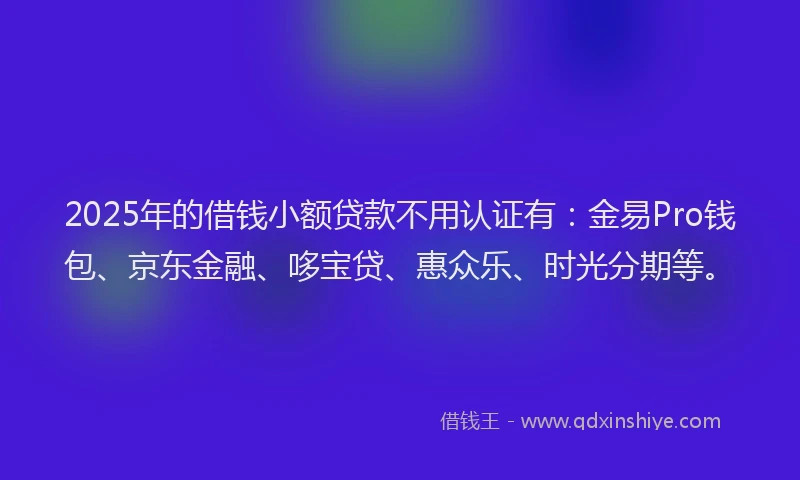 2025年的借钱小额贷款不用认证有：金易Pro钱包、京东金融、哆宝贷、惠众乐、时光分期等。