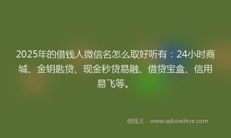 2025年的借钱人微信名怎么取好听有：24小时商城、金钥匙贷、现金秒贷易融、借贷宝盒、信用易飞等。
