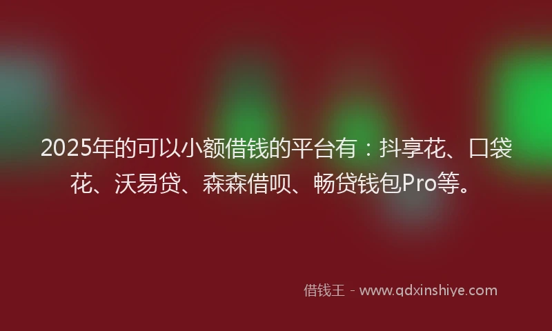 2025年的可以小额借钱的平台有：抖享花、口袋花、沃易贷、森森借呗、畅贷钱包Pro等。