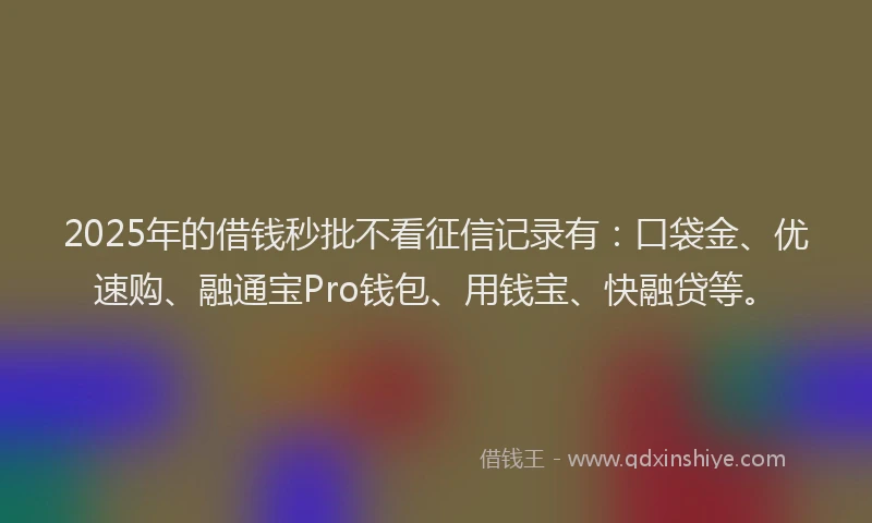 2025年的借钱秒批不看征信记录有：口袋金、优速购、融通宝Pro钱包、用钱宝、快融贷等。