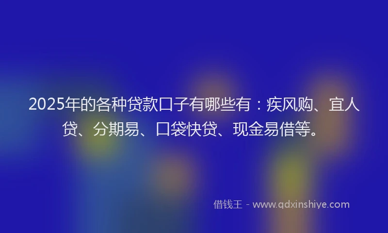 2025年的各种贷款口子有哪些有：疾风购、宜人贷、分期易、口袋快贷、现金易借等。