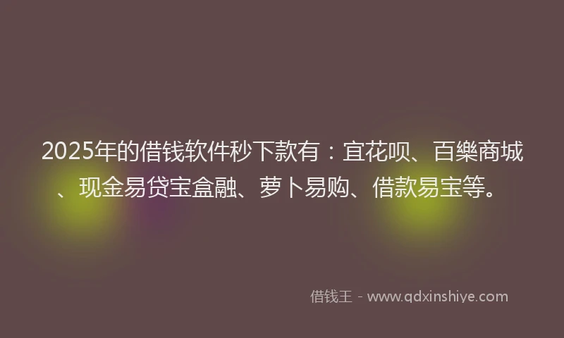 2025年的借钱软件秒下款有：宜花呗、百樂商城、现金易贷宝盒融、萝卜易购、借款易宝等。