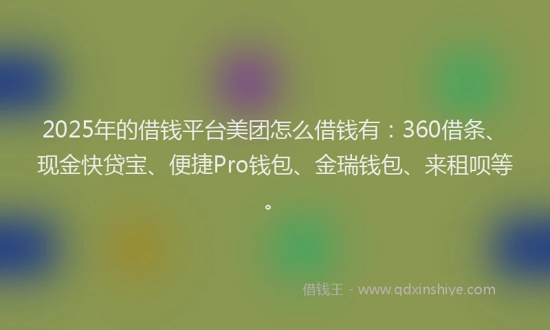 2025年的借钱平台美团怎么借钱有：360借条、现金快贷宝、便捷Pro钱包、金瑞钱包、来租呗等。