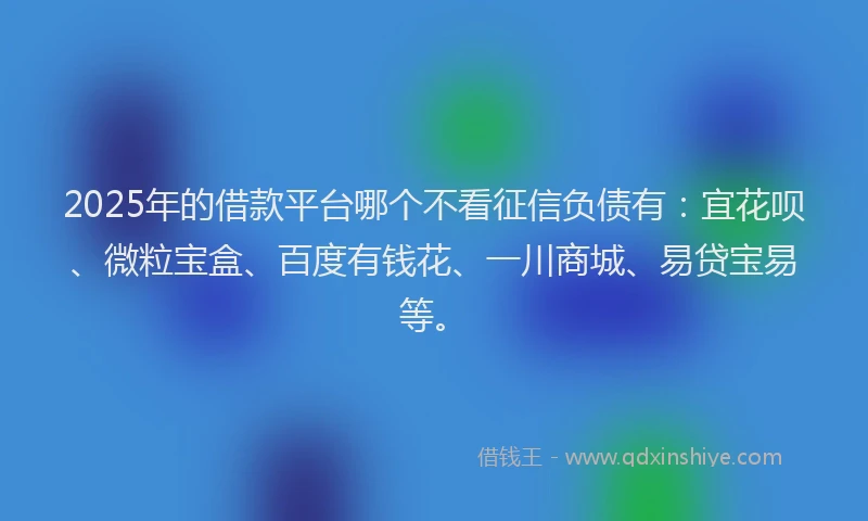 2025年的借款平台哪个不看征信负债有：宜花呗、微粒宝盒、百度有钱花、一川商城、易贷宝易等。