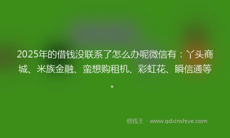 2025年的借钱没联系了怎么办呢微信有：丫头商城、米族金融、蛮想购租机、彩虹花、瞬信通等。