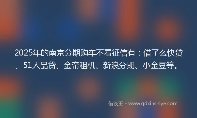 2025年的南京分期购车不看征信有：借了么快贷、51人品贷、金帝租机、新浪分期、小金豆等。