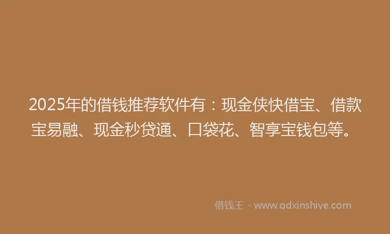 2025年的借钱推荐软件有：现金侠快借宝、借款宝易融、现金秒贷通、口袋花、智享宝钱包等。