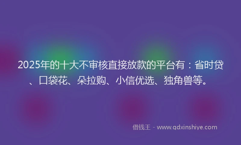 2025年的十大不审核直接放款的平台有：省时贷、口袋花、朵拉购、小信优选、独角兽等。